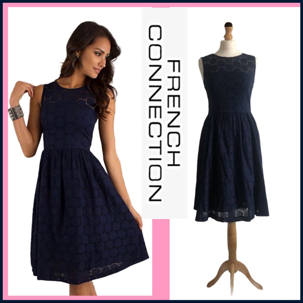 FRENCH CONNECTION NAVY Eyelet Embroidered Dress 4 - Picture 7 of 7